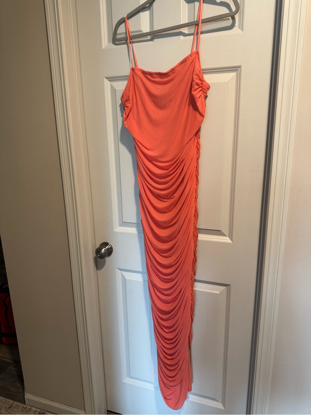 VENUS Coral-Orange Ruched Draped Spaghetti Strap Midi Dress